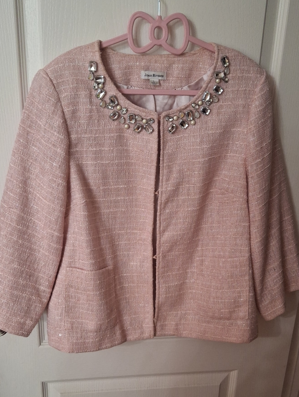 Joan Rivers Pale Pink Jeweled Collar Tweed Jacket